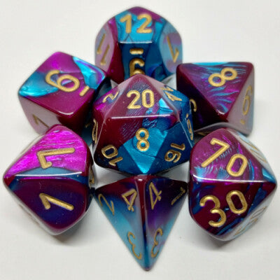 Turquoise and Purple / Gold polyhedral dice set - Gemini